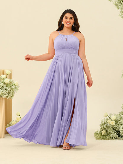 Robe de Demoiselle d'Honneur Longue Grande Taille à Col Licou et Coupe Princesse avec Fente Sur Le Côté et Volants