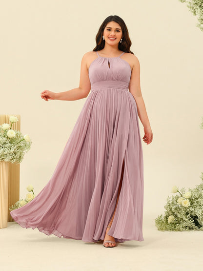 Robe de Demoiselle d'Honneur Longue Grande Taille à Col Licou et Coupe Princesse avec Fente Sur Le Côté et Volants