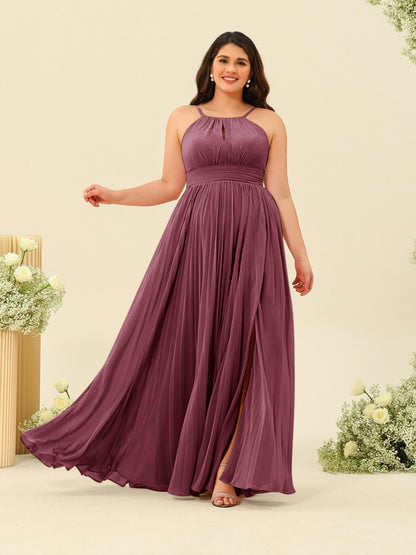 Robe de Demoiselle d'Honneur Longue Grande Taille à Col Licou et Coupe Princesse avec Fente Sur Le Côté et Volants