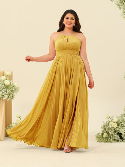 Robe de Demoiselle d'Honneur Longue Grande Taille à Col Licou et Coupe Princesse avec Fente Sur Le Côté et Volants