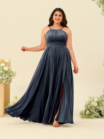 Robe de Demoiselle d'Honneur Longue Grande Taille à Col Licou et Coupe Princesse avec Fente Sur Le Côté et Volants