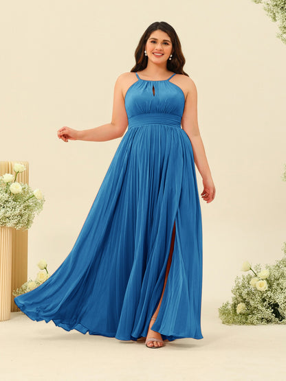 Robe de Demoiselle d'Honneur Longue Grande Taille à Col Licou et Coupe Princesse avec Fente Sur Le Côté et Volants