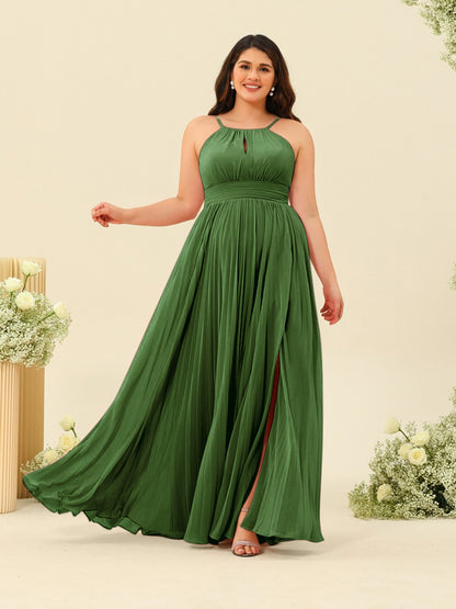 Robe de Demoiselle d'Honneur Longue Grande Taille à Col Licou et Coupe Princesse avec Fente Sur Le Côté et Volants