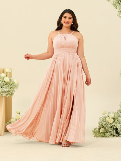 Robe de Demoiselle d'Honneur Longue Grande Taille à Col Licou et Coupe Princesse avec Fente Sur Le Côté et Volants