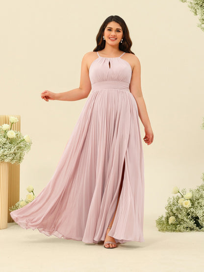 Robe de Demoiselle d'Honneur Longue Grande Taille à Col Licou et Coupe Princesse avec Fente Sur Le Côté et Volants