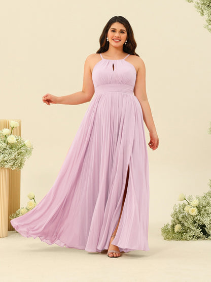 Robe de Demoiselle d'Honneur Longue Grande Taille à Col Licou et Coupe Princesse avec Fente Sur Le Côté et Volants