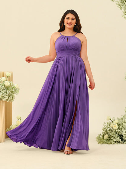 Robe de Demoiselle d'Honneur Longue Grande Taille à Col Licou et Coupe Princesse avec Fente Sur Le Côté et Volants