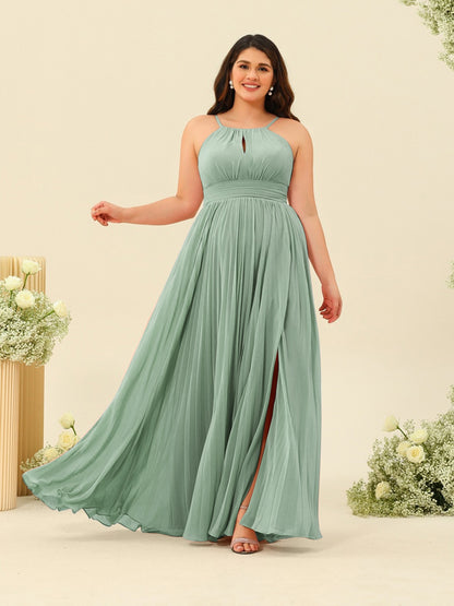 Robe de Demoiselle d'Honneur Longue Grande Taille à Col Licou et Coupe Princesse avec Fente Sur Le Côté et Volants