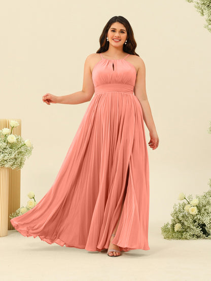 Robe de Demoiselle d'Honneur Longue Grande Taille à Col Licou et Coupe Princesse avec Fente Sur Le Côté et Volants