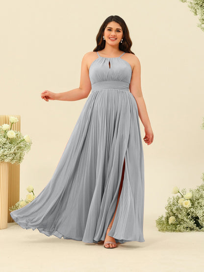 Robe de Demoiselle d'Honneur Longue Grande Taille à Col Licou et Coupe Princesse avec Fente Sur Le Côté et Volants