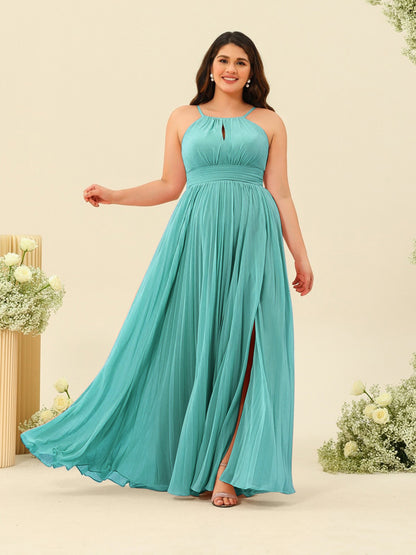 Robe de Demoiselle d'Honneur Longue Grande Taille à Col Licou et Coupe Princesse avec Fente Sur Le Côté et Volants