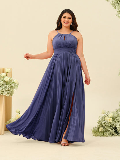 Robe de Demoiselle d'Honneur Longue Grande Taille à Col Licou et Coupe Princesse avec Fente Sur Le Côté et Volants