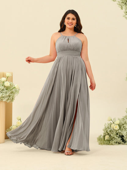 Robe de Demoiselle d'Honneur Longue Grande Taille à Col Licou et Coupe Princesse avec Fente Sur Le Côté et Volants