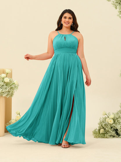 Robe de Demoiselle d'Honneur Longue Grande Taille à Col Licou et Coupe Princesse avec Fente Sur Le Côté et Volants