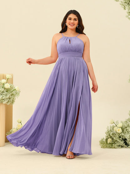 Robe de Demoiselle d'Honneur Longue Grande Taille à Col Licou et Coupe Princesse avec Fente Sur Le Côté et Volants