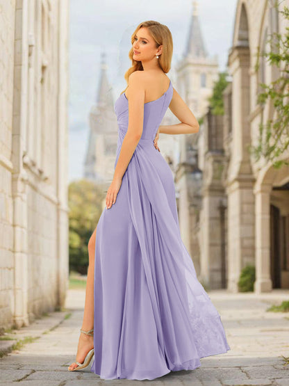 Robe de Demoiselled'Honneur Longue à Volants et Fente Latérale, Asymétrique et Fourreau/Colonne