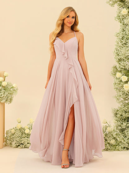 Robe de Demoiselle d'Honneur Longue à Bretelles Spaghetti et Col En V Coupe A-Line/Princess avec Fente Sur Le Côté et Volants