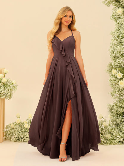 Robe de Demoiselle d'Honneur Longue à Bretelles Spaghetti et Col En V Coupe A-Line/Princess avec Fente Sur Le Côté et Volants