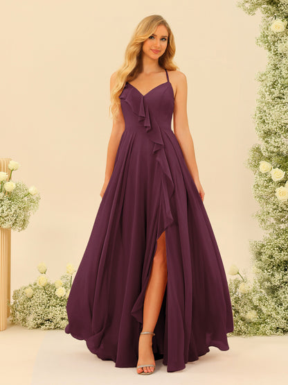 Robe de Demoiselle d'Honneur Longue à Bretelles Spaghetti et Col En V Coupe A-Line/Princess avec Fente Sur Le Côté et Volants