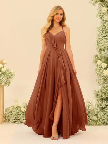 Robe de Demoiselle d'Honneur Longue à Bretelles Spaghetti et Col En V Coupe A-Line/Princess avec Fente Sur Le Côté et Volants