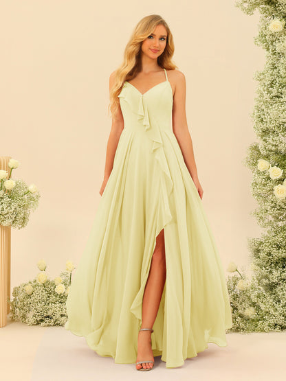 Robe de Demoiselle d'Honneur Longue à Bretelles Spaghetti et Col En V Coupe A-Line/Princess avec Fente Sur Le Côté et Volants