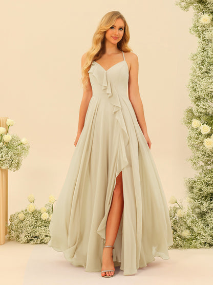 Robe de Demoiselle d'Honneur Longue à Bretelles Spaghetti et Col En V Coupe A-Line/Princess avec Fente Sur Le Côté et Volants