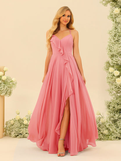 Robe de Demoiselle d'Honneur Longue à Bretelles Spaghetti et Col En V Coupe A-Line/Princess avec Fente Sur Le Côté et Volants