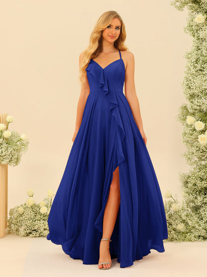 Robe de Demoiselle d'Honneur Longue à Bretelles Spaghetti et Col En V Coupe A-Line/Princess avec Fente Sur Le Côté et Volants