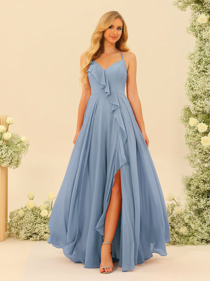Robe de Demoiselle d'Honneur Longue à Bretelles Spaghetti et Col En V Coupe A-Line/Princess avec Fente Sur Le Côté et Volants