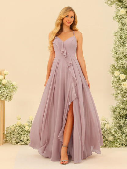 Robe de Demoiselle d'Honneur Longue à Bretelles Spaghetti et Col En V Coupe A-Line/Princess avec Fente Sur Le Côté et Volants