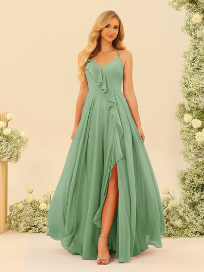 Robe de Demoiselle d'Honneur Longue à Bretelles Spaghetti et Col En V Coupe A-Line/Princess avec Fente Sur Le Côté et Volants