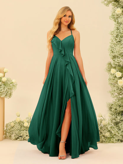 Robe de Demoiselle d'Honneur Longue à Bretelles Spaghetti et Col En V Coupe A-Line/Princess avec Fente Sur Le Côté et Volants