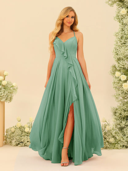 Robe de Demoiselle d'Honneur Longue à Bretelles Spaghetti et Col En V Coupe A-Line/Princess avec Fente Sur Le Côté et Volants