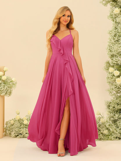 Robe de Demoiselle d'Honneur Longue à Bretelles Spaghetti et Col En V Coupe A-Line/Princess avec Fente Sur Le Côté et Volants