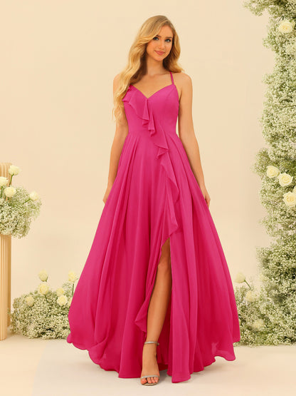 Robe de Demoiselle d'Honneur Longue à Bretelles Spaghetti et Col En V Coupe A-Line/Princess avec Fente Sur Le Côté et Volants