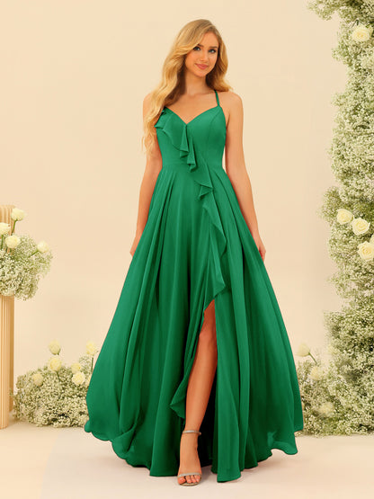 Robe de Demoiselle d'Honneur Longue à Bretelles Spaghetti et Col En V Coupe A-Line/Princess avec Fente Sur Le Côté et Volants