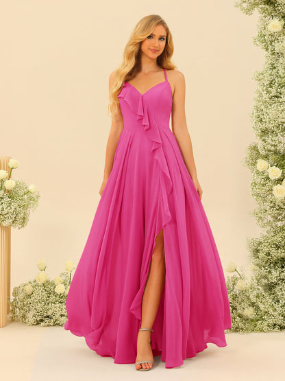 Robe de Demoiselle d'Honneur Longue à Bretelles Spaghetti et Col En V Coupe A-Line/Princess avec Fente Sur Le Côté et Volants
