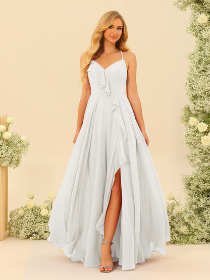 Robe de Demoiselle d'Honneur Longue à Bretelles Spaghetti et Col En V Coupe A-Line/Princess avec Fente Sur Le Côté et Volants