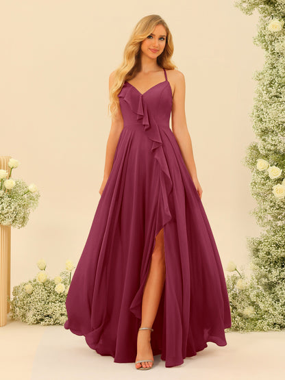 Robe de Demoiselle d'Honneur Longue à Bretelles Spaghetti et Col En V Coupe A-Line/Princess avec Fente Sur Le Côté et Volants
