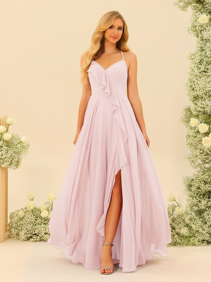 Robe de Demoiselle d'Honneur Longue à Bretelles Spaghetti et Col En V Coupe A-Line/Princess avec Fente Sur Le Côté et Volants