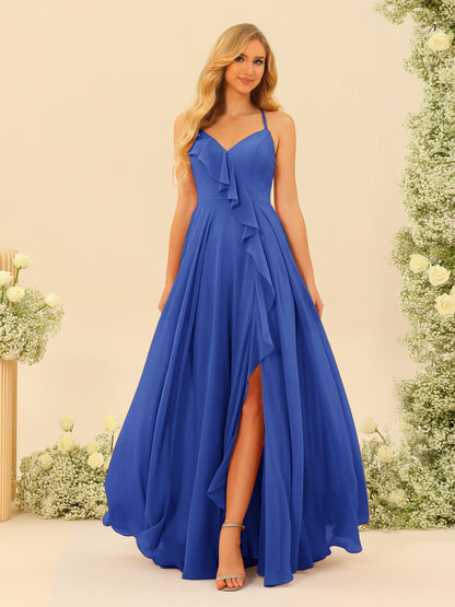 Robe de Demoiselle d'Honneur Longue à Bretelles Spaghetti et Col En V Coupe A-Line/Princess avec Fente Sur Le Côté et Volants