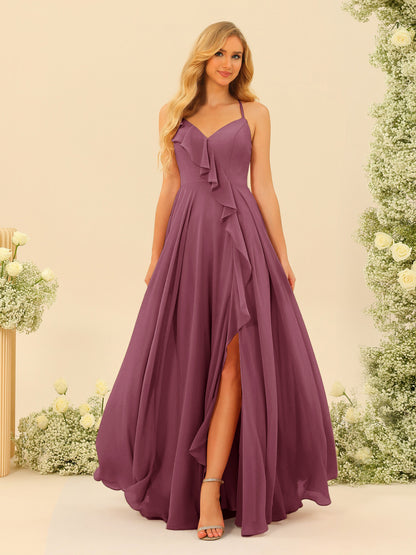 Robe de Demoiselle d'Honneur Longue à Bretelles Spaghetti et Col En V Coupe A-Line/Princess avec Fente Sur Le Côté et Volants