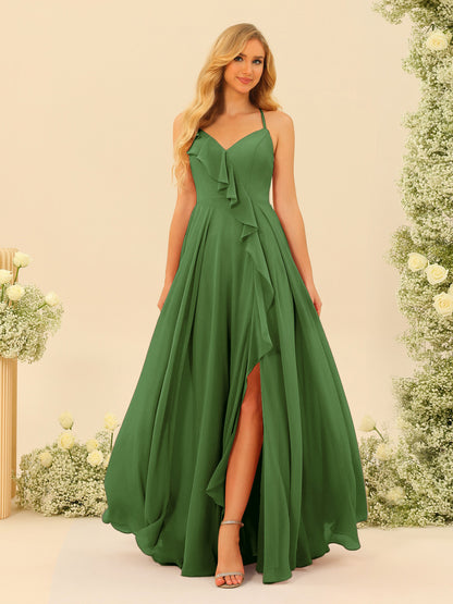 Robe de Demoiselle d'Honneur Longue à Bretelles Spaghetti et Col En V Coupe A-Line/Princess avec Fente Sur Le Côté et Volants