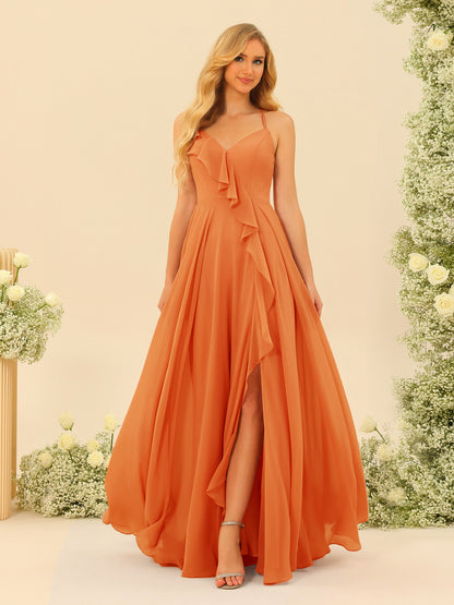 Robe de Demoiselle d'Honneur Longue à Bretelles Spaghetti et Col En V Coupe A-Line/Princess avec Fente Sur Le Côté et Volants