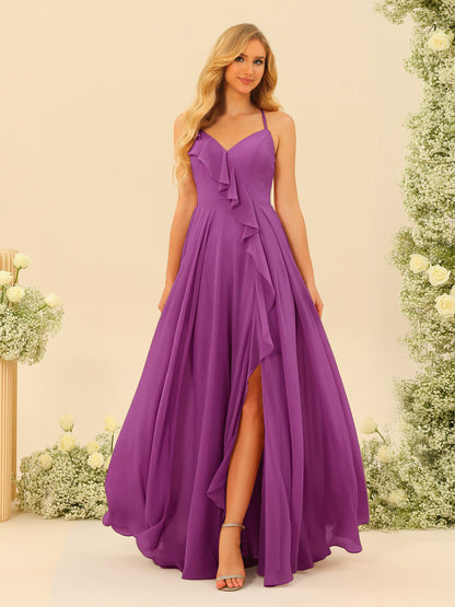 Robe de Demoiselle d'Honneur Longue à Bretelles Spaghetti et Col En V Coupe A-Line/Princess avec Fente Sur Le Côté et Volants