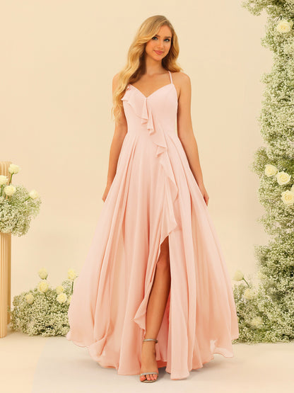 Robe de Demoiselle d'Honneur Longue à Bretelles Spaghetti et Col En V Coupe A-Line/Princess avec Fente Sur Le Côté et Volants