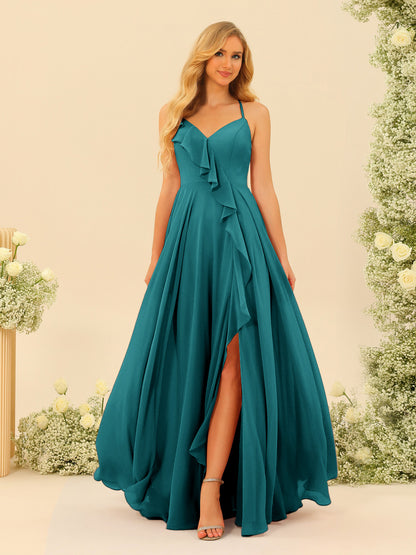 Robe de Demoiselle d'Honneur Longue à Bretelles Spaghetti et Col En V Coupe A-Line/Princess avec Fente Sur Le Côté et Volants
