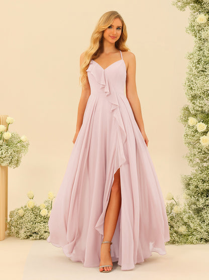 Robe de Demoiselle d'Honneur Longue à Bretelles Spaghetti et Col En V Coupe A-Line/Princess avec Fente Sur Le Côté et Volants