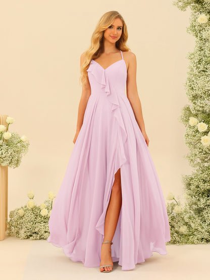 Robe de Demoiselle d'Honneur Longue à Bretelles Spaghetti et Col En V Coupe A-Line/Princess avec Fente Sur Le Côté et Volants