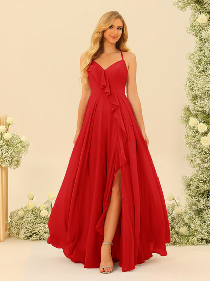 Robe de Demoiselle d'Honneur Longue à Bretelles Spaghetti et Col En V Coupe A-Line/Princess avec Fente Sur Le Côté et Volants
